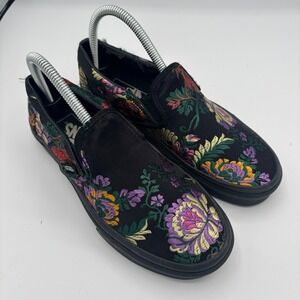 Rare Vans Classic Slip-On Womens 7 Mens 5.5 Black Floral Brocade Sneakers